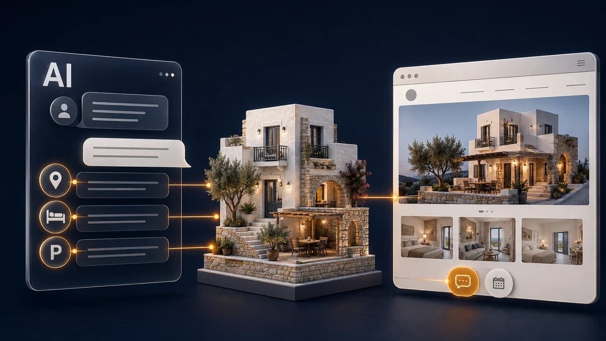 3D illustration linking AI search criteria with a Greek accommodation and its own website.